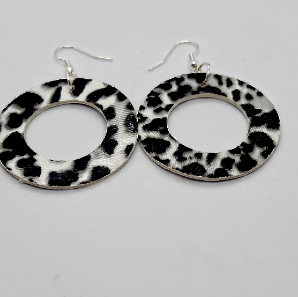 Black and White Faux Leather Animal Print Hoop Earrings, Animal Print Earrings